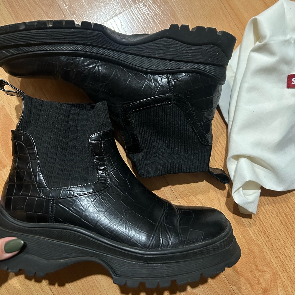 STAUD Black Croc-Embossed Bow Boots